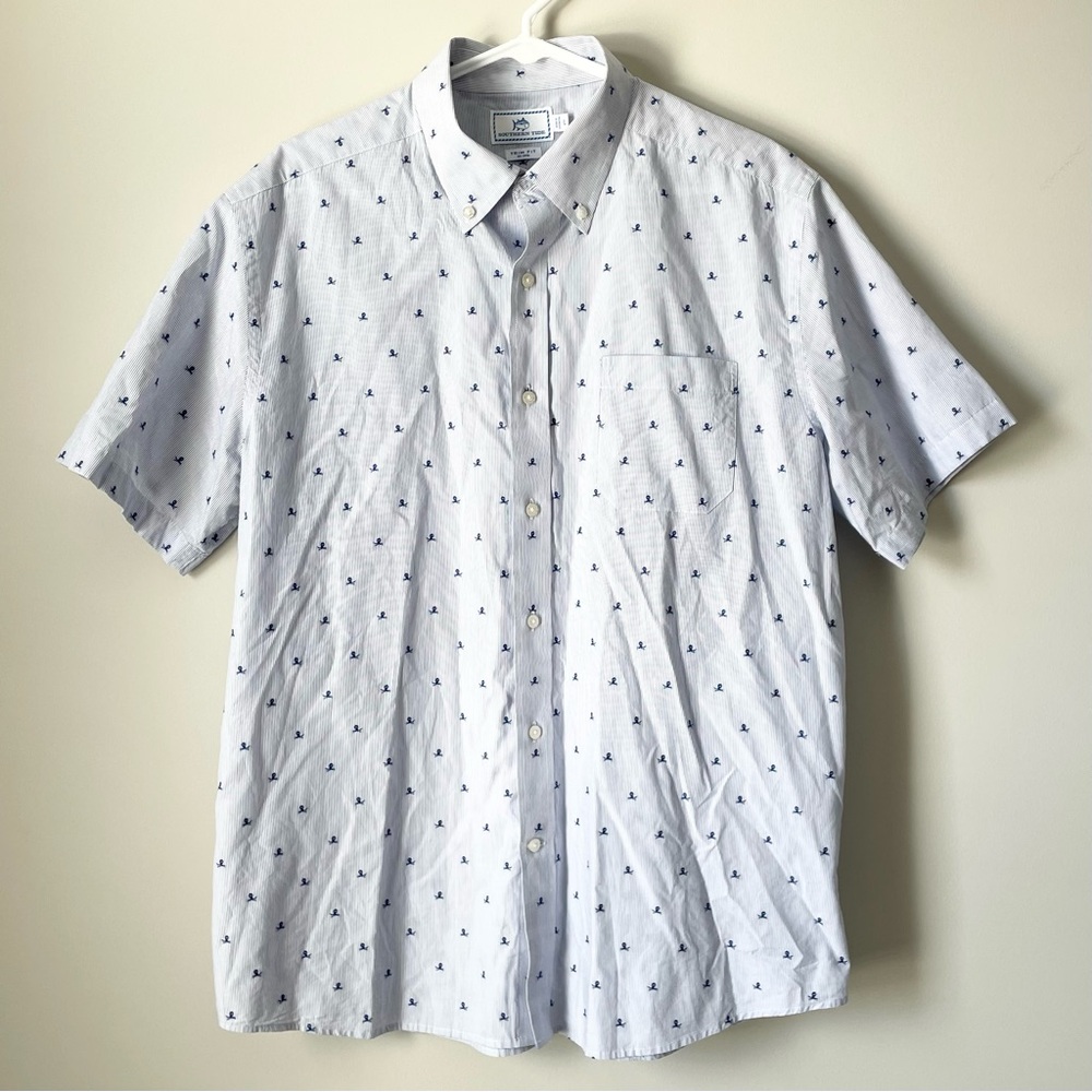 Southern Tide Men Size L Trim Fit 100% Cotton Shirt Short Sleeve Blue White